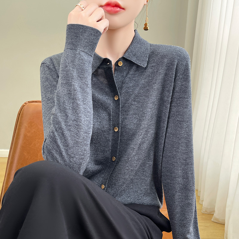 秋季新款美丽诺精纺羊毛衫Polo领衬衫针织衫简约纯色薄款长袖上衣