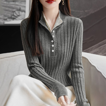 2024秋冬新款100%纯羊毛衫女半高领修身坑条针织衫毛衣羊绒打底衫