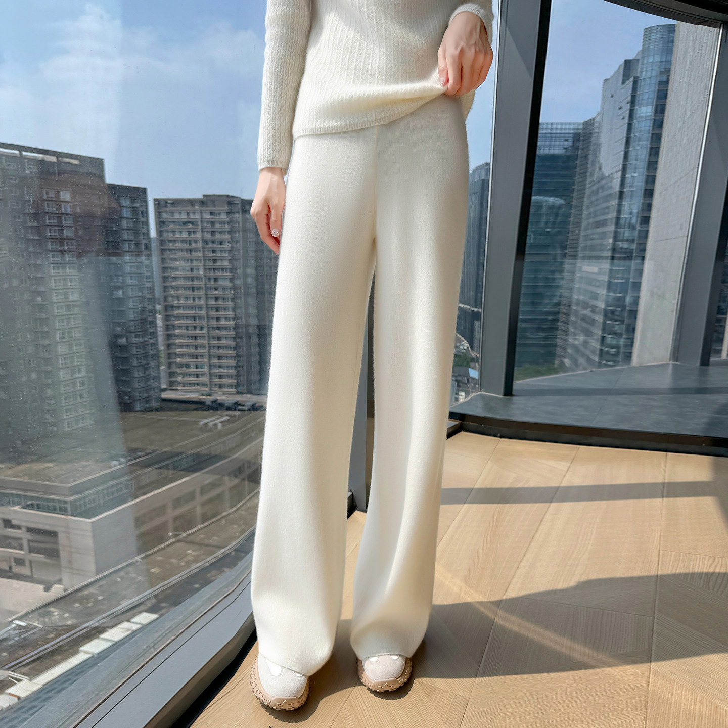 高端山羊绒阔腿裤女士高腰垂感显高休闲直筒裤保暖时尚外穿羊绒裤