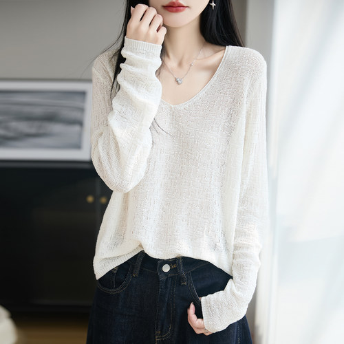 天丝亚麻V领薄款防晒针织衫女