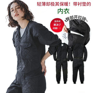 内搭保暖连体服男女V领夹棉拼接工装 后腰拉链日单外贸秋冬季 长袖
