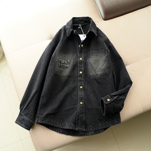 水洗磨白厚重牛仔外套男春季长袖棉混纺衬衫领黑色帅气青年上衣