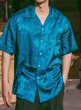 出差夏威夷24ss蓝色暗纹新中式短袖衬衫复古中式古巴领高级国风