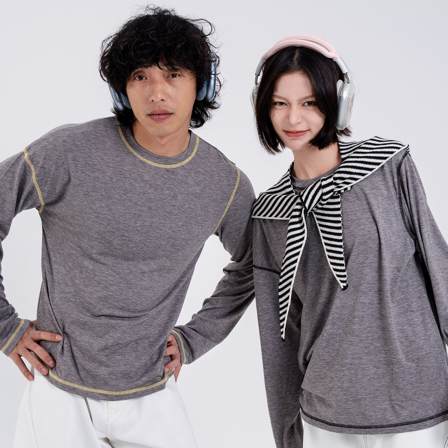 2024秋冬舒适打底衫宽松T恤设计感打底衣男女情侣款复古走线居家