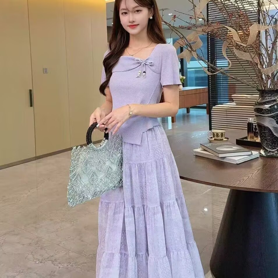 温柔风紫色蝴蝶结方领短袖t恤蛋糕半身裙两件套女夏气质时尚套装