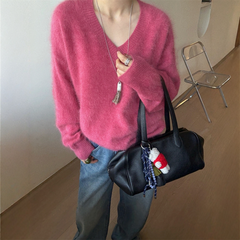 欧洲站2025冬季新欧货糖果色V领拉绒长毛绒软糯羊毛针织衫毛衣女