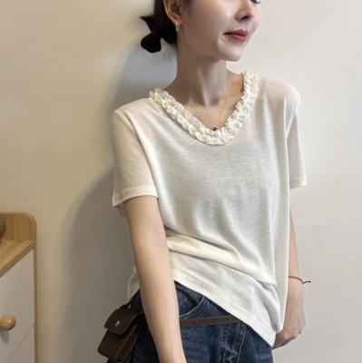 欧洲站2026春季新款欧货时尚V领木耳边百搭显瘦短袖T恤打底衫上衣