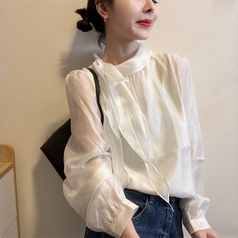 欧洲站2026春季新款欧货韩系甜美气质领口蝴蝶结天丝套头长袖衬衫