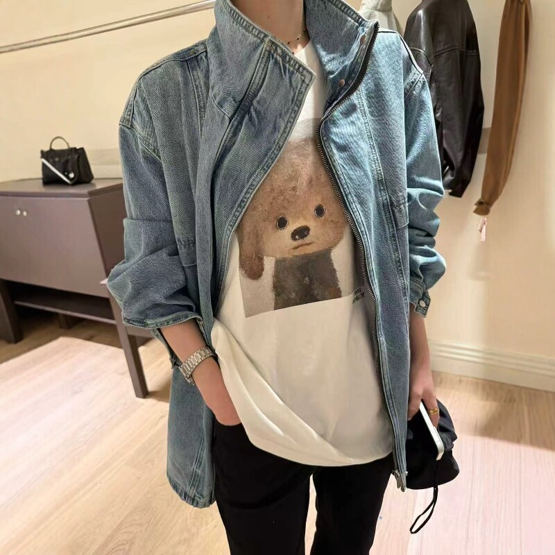 欧洲站2026春季新款欧货复古水洗浅蓝色宽松立领遮臀阔版牛仔外套