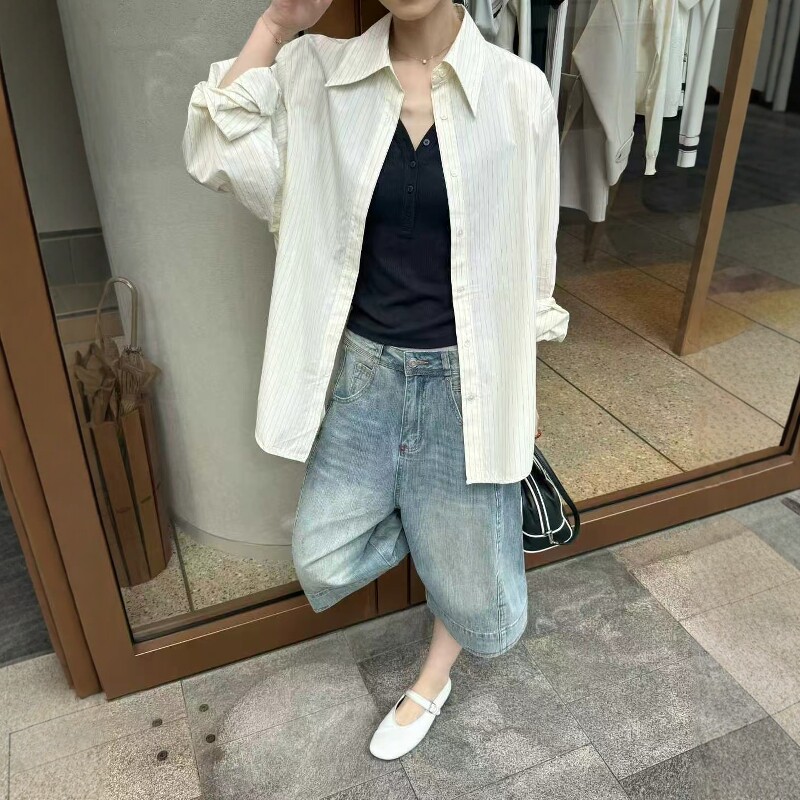 欧洲站2026春季新款欧货时尚高品质阔版休闲条纹衬衫气质上衣女
