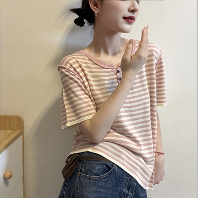 欧洲站2026夏季新款欧货圆领系扣拼色宽松显瘦条纹短袖针织衫上衣