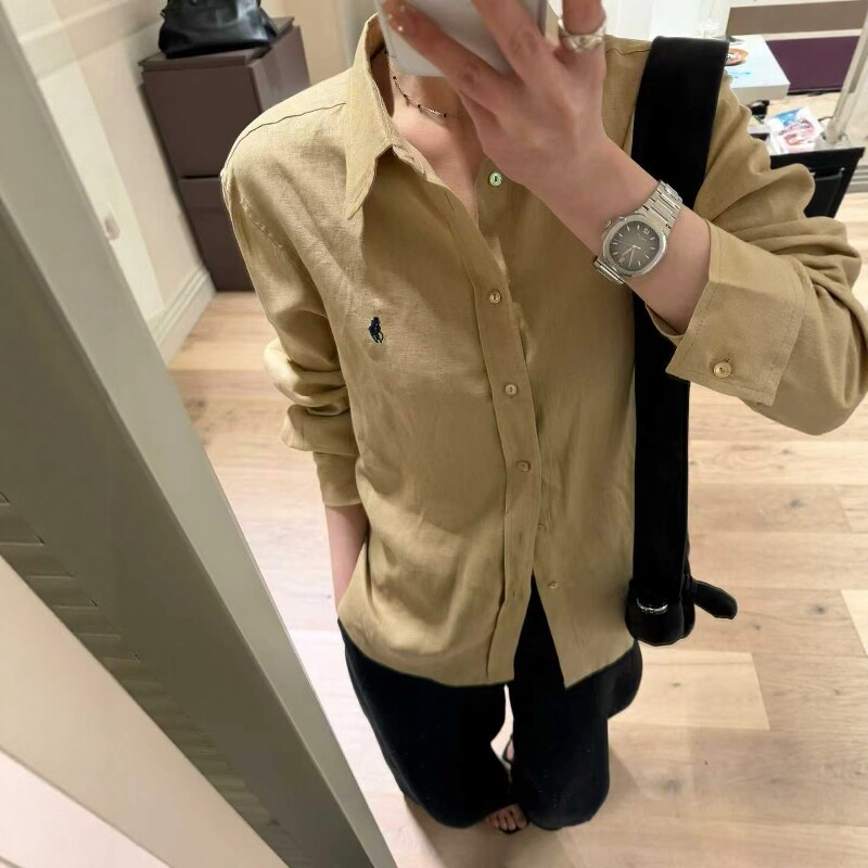 欧洲站2026春季新款欧货时尚刺绣标宽松Polo领休闲棉麻衬衫上衣女