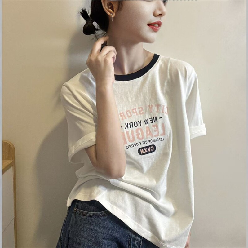 欧洲站2026早春新款欧货时尚字母撞色宽松百搭美式短袖T恤上衣女