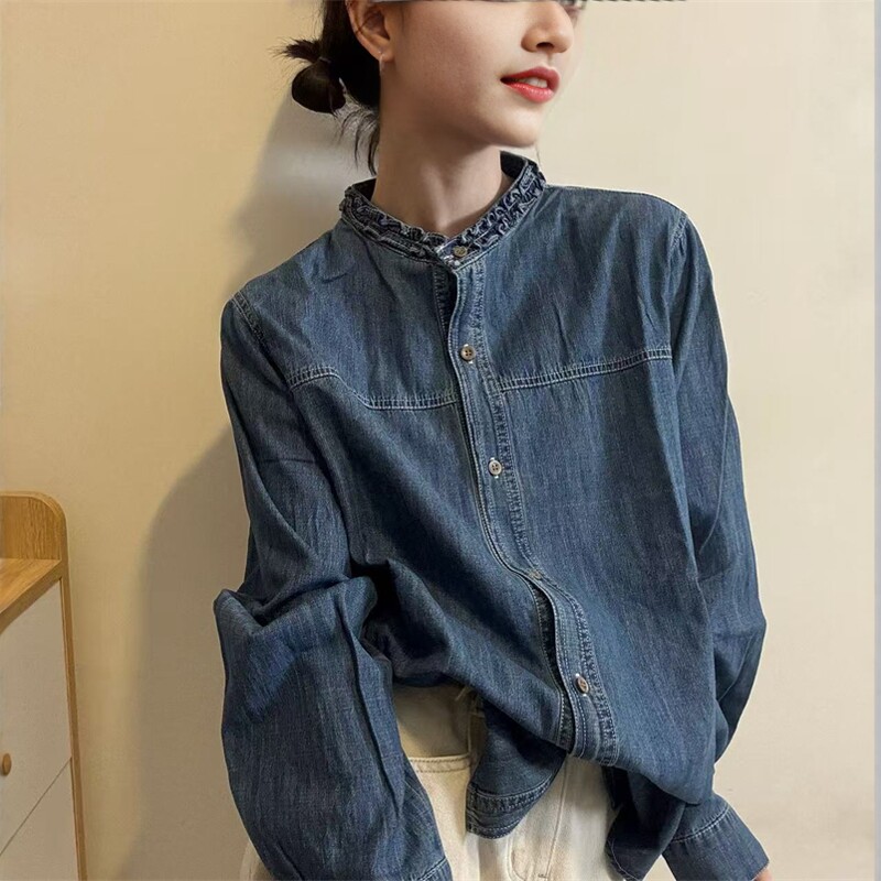 欧洲站2026春季新款欧货韩版领口木耳边宽松休闲长袖牛仔衬衫潮女