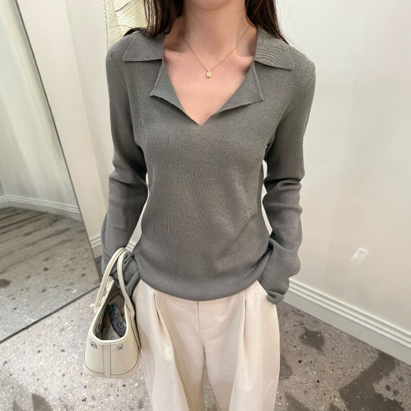 欧洲站2026春季新款欧货简约POLO领显瘦长袖软糯羊毛针织打底衫女