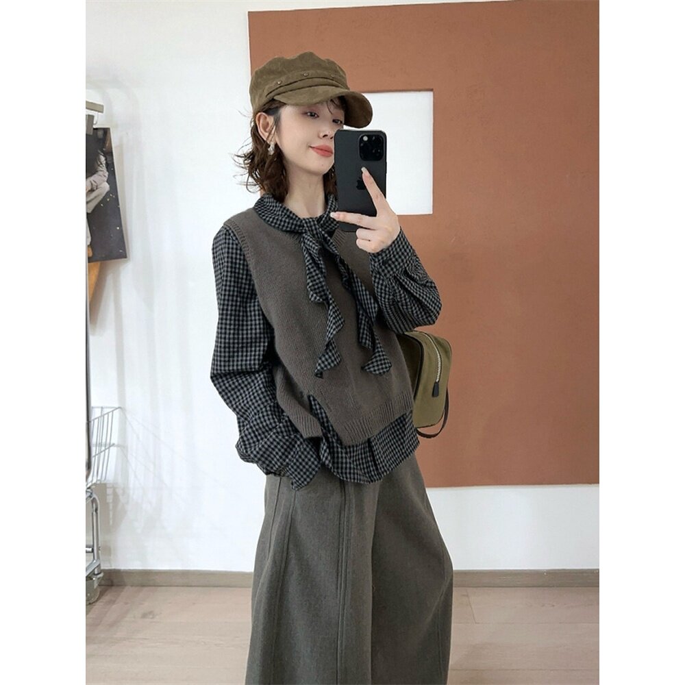欧洲站2026秋季新款欧货时尚针织马甲+系带格子衬衫减龄两件套女