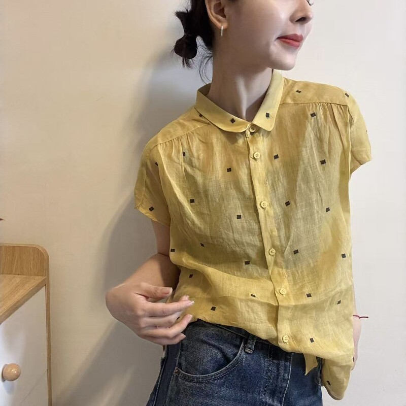 欧洲站2026夏季欧货时尚刺绣小方块宽松Polo领短袖苎麻防晒衬衫女
