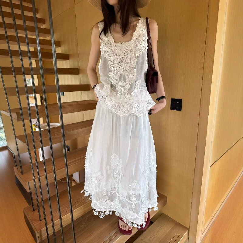 欧洲站2026夏季新欧货淑女风重工刺绣蕾丝无袖小衫半身裙两件套女