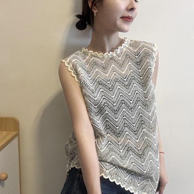 欧洲站2026夏季新款欧货设计感花边领镂空无袖波浪纹气质背心上衣
