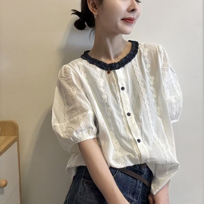 欧洲站2026夏季欧货韩系甜美气质拼色木耳边钩花减龄泡泡袖衬衫女