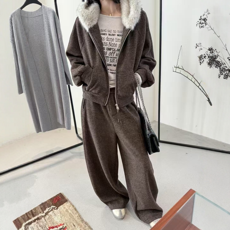 欧洲站2025冬季新款欧货运动风连帽加绒卫衣外套长裤两件套套装女