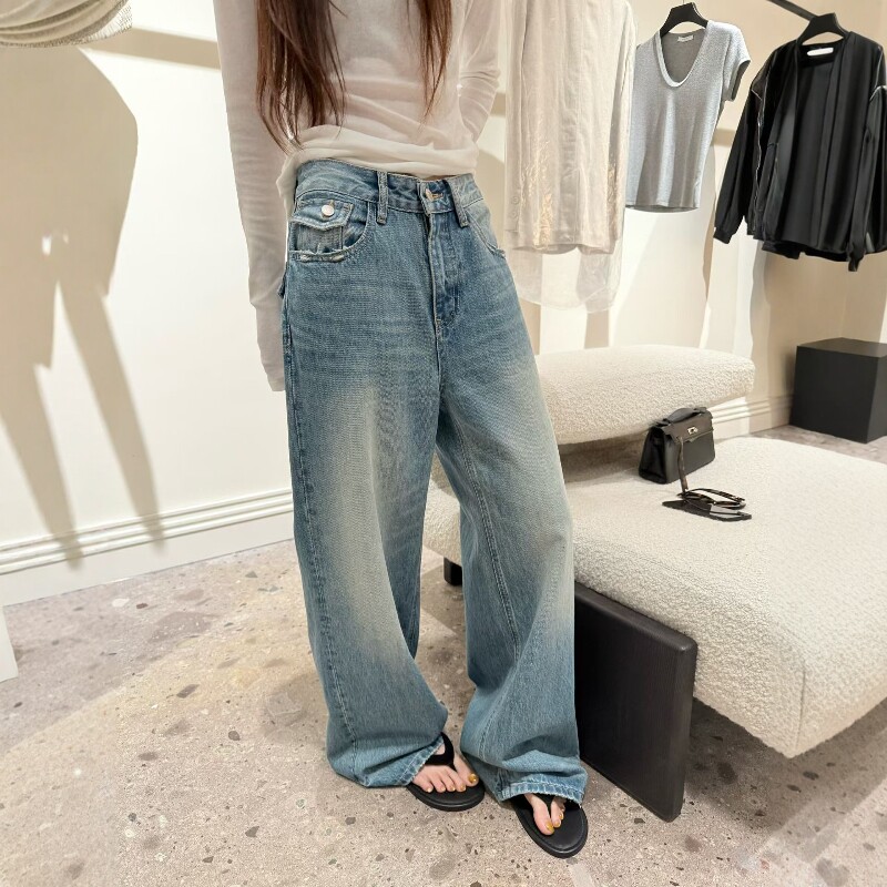 欧洲站2026春季新款欧货浅蓝色高腰显瘦牛仔阔腿裤百搭拖地长裤女