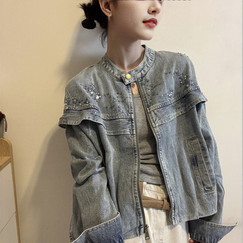 欧洲站2026春季新款欧货立领烫钻宽松百搭短款夹克牛仔外套女潮