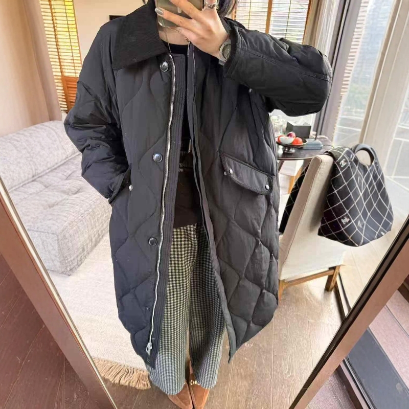 欧洲站2025冬季新欧货时尚翻领菱形格宽松中长款白鸭绒羽绒服外套