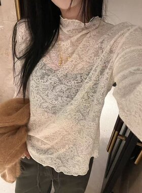 欧洲站2026冬欧货女人味木耳边半高领百搭软糯蕾丝T恤内搭打底衫