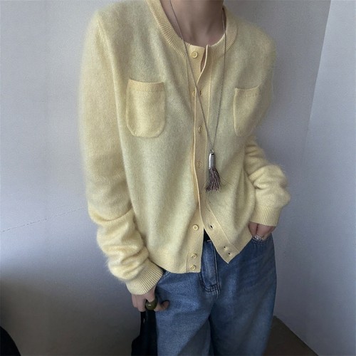 欧洲站2025冬季新款欧货纯色双口袋宽松长毛山羊绒针织开衫毛衣女