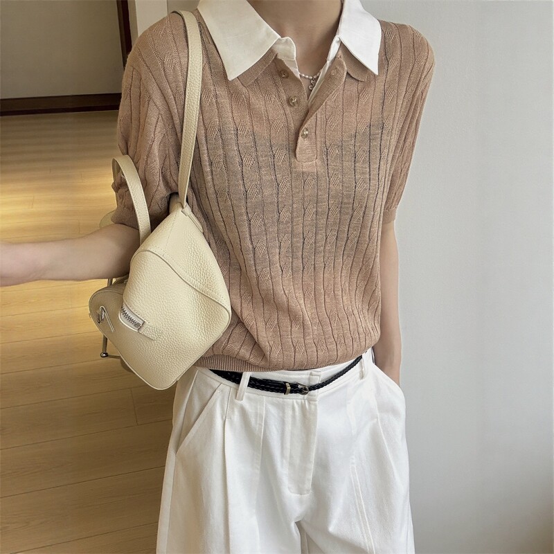 欧洲站2026春季新欧货设计感假两件Polo领麻花纹短袖亚麻针织衫薄