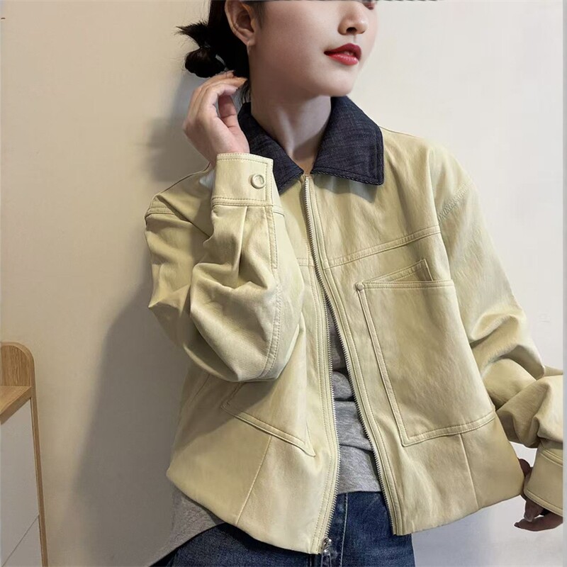 欧洲站2026早春新款欧货撞色Polo领宽松休闲蛋白pu皮衣短外套潮女