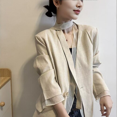欧洲站2026春季新款欧货高级感拼网纱飘带两件套亚麻休闲西装外套