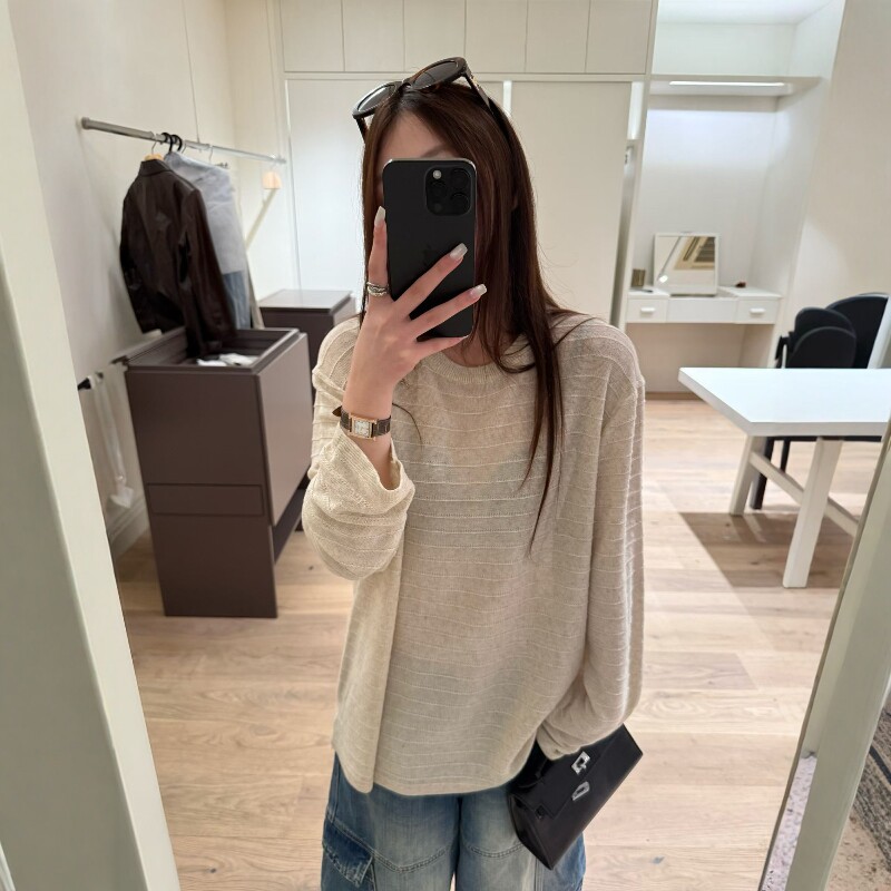欧洲站2026春季新款欧货简约圆领宽松长袖冰丝针织衫休闲打底衫女