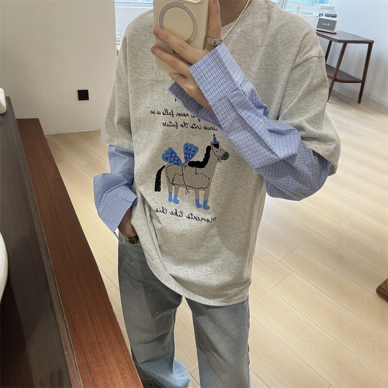 欧洲站2026春季新款欧货卡通小马印花拼格子袖假两件休闲T恤女潮