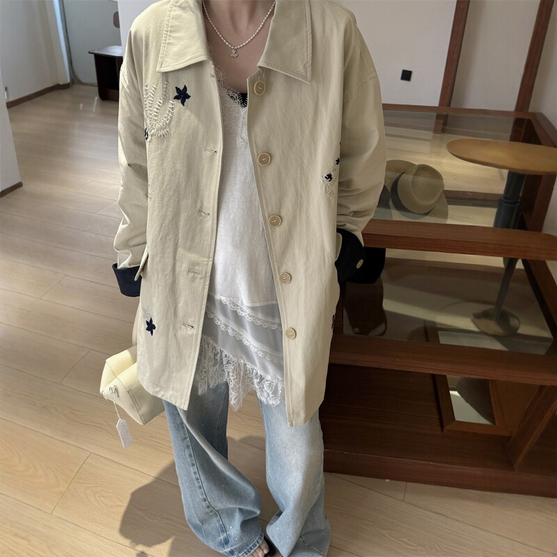 欧洲站2026春欧货重工刺绣袖口卷边中长款休闲卡其色气质风衣外套