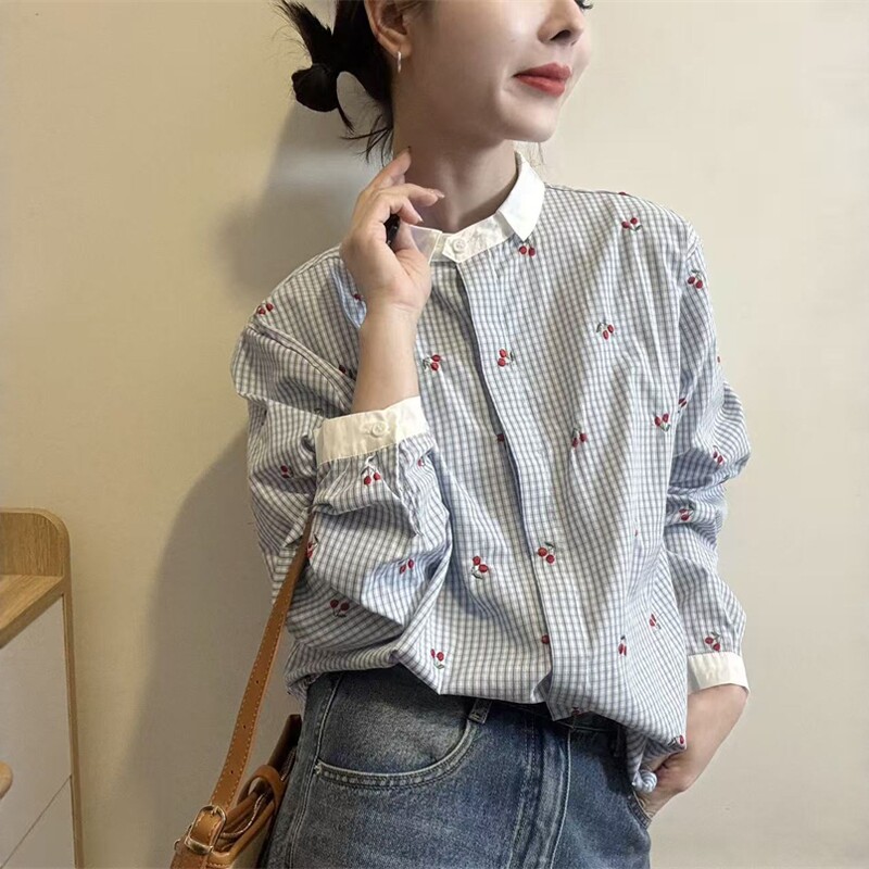 欧洲站2026春季新款欧货时尚减龄刺绣樱桃Polo领休闲百搭格子衬衫