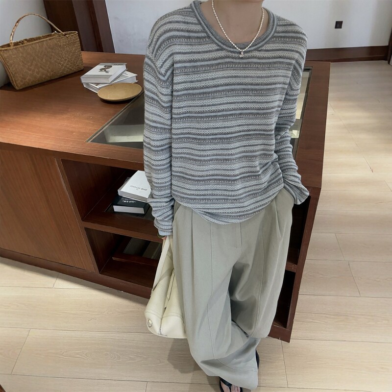 欧洲站2026春季新款欧货条纹圆领长袖套头羊毛针织衫显瘦上衣女