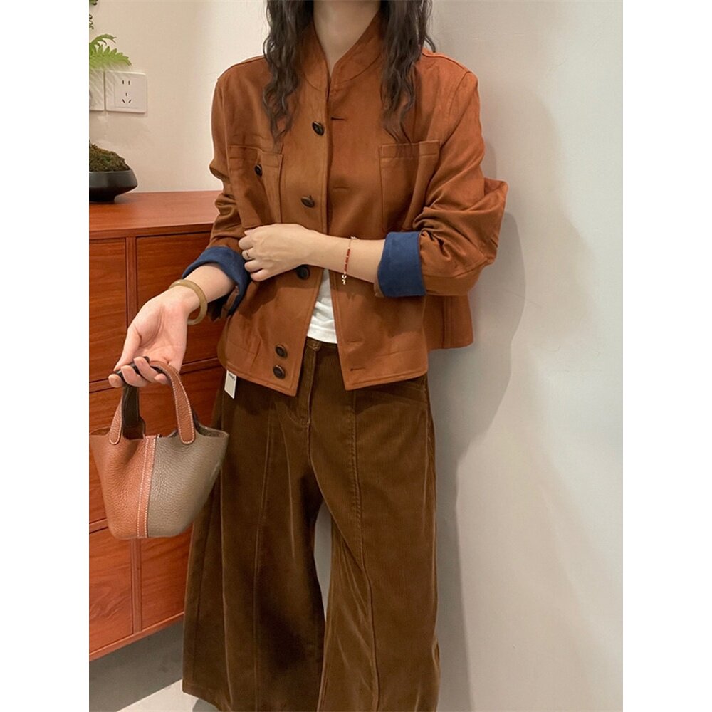 欧洲站2026秋季新款复古鹿皮绒单排扣百搭显瘦气质夹克短外套女潮