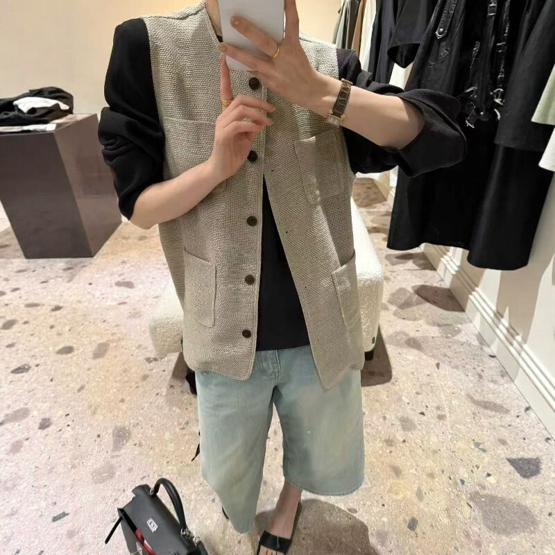 欧洲站2026春季新款欧货时尚多口袋宽松网状无袖休闲叠穿马甲外套