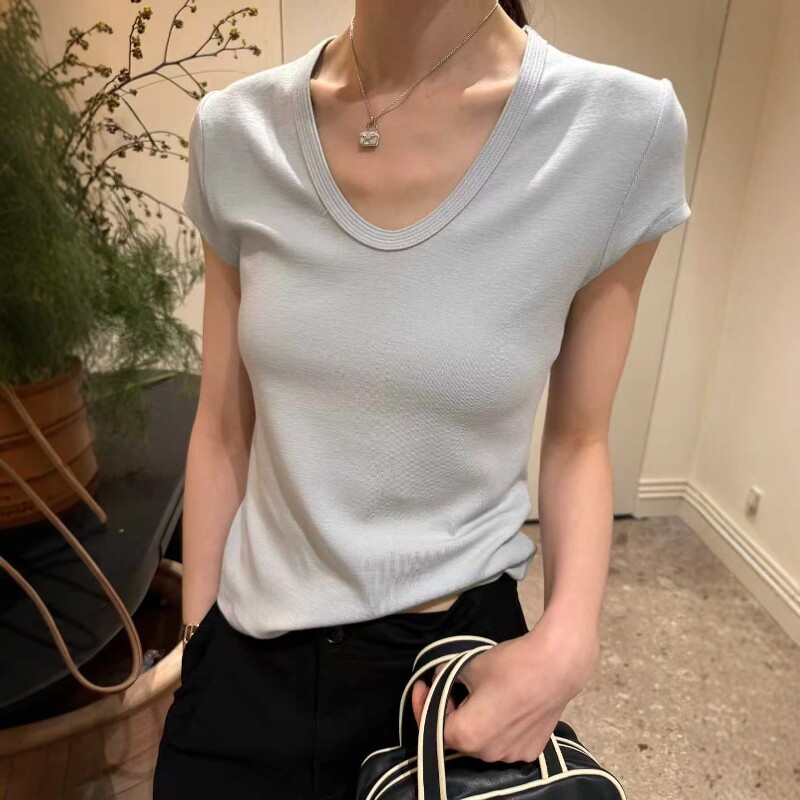 欧洲站2026春季新款欧货精致小U领修身显瘦百搭正肩短袖T恤打底衫