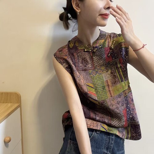 欧洲站2026夏季新款欧货新中式盘扣复古印花人丝无袖休闲衬衫女