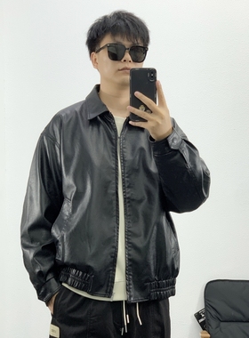 秋季复古美式PU皮夹克男2023新款宽松黑色机车服潮牌痞帅皮衣外套