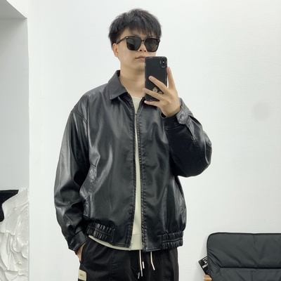 秋季复古美式PU皮夹克男2023新款宽松黑色机车服潮牌痞帅皮衣外套