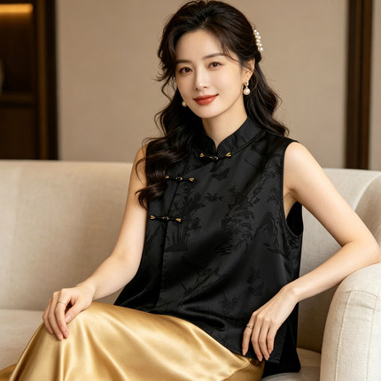 女士新中式无袖醋酸立领衬衫中年宽松透气薄款时尚百搭盘扣上衣