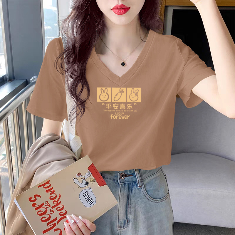 100%棉短袖t恤女复古V领