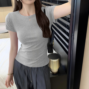 ins潮韩版 2025夏季 弹力正肩体恤衫 短袖 学生螺纹圆领上衣 t恤女修身