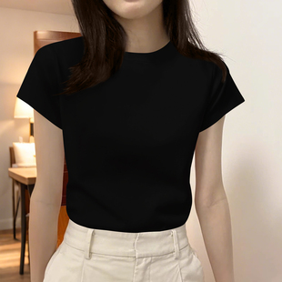 夏 黑色t恤女短袖 显瘦基础款 正肩上衣ins潮学生修身 螺纹圆领体恤衫