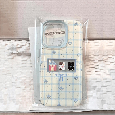 可爱卡通蓝白格纹猫咪防摔手机壳