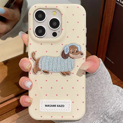 韩风波点卡通刺绣腊肠狗适用OPPO Reno9手机壳8/10/11皮质FindX 6/7/5K硅胶12PRO防摔A93S软壳A58X/A72/A96女